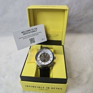 Invicta Silver Skeleton Dial Watch with Black Strap